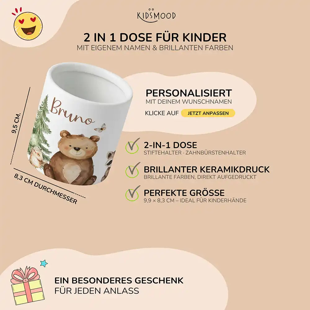 Personalisierter Stiftehalter Bär & Waschbär - liebevolle Geschenkidee fürs Kinderzimmer