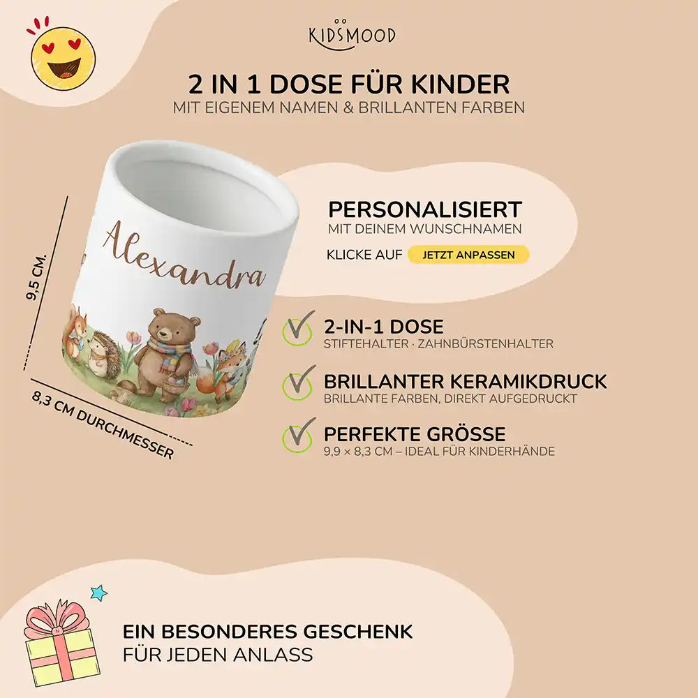Personalisierter Stiftehalter Herbst-Waldtiere - liebevolle Geschenkidee fürs Kinderzimmer