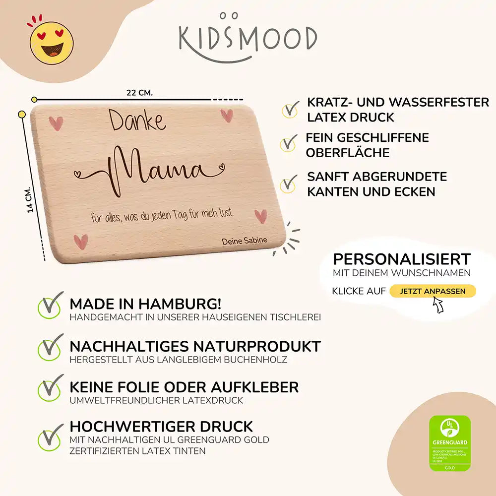 Personalisiertes Frühstücksbrettchen Muttertag Danke Mama Herzen – Produktdetails 22×14 cm Buchenholz