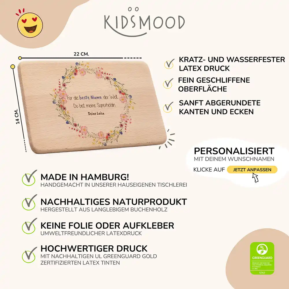 Personalisiertes Frühstücksbrettchen Muttertag Wildblumenkranz Beste Mama Reload – Produktdetails 22×14 cm Buchenholz