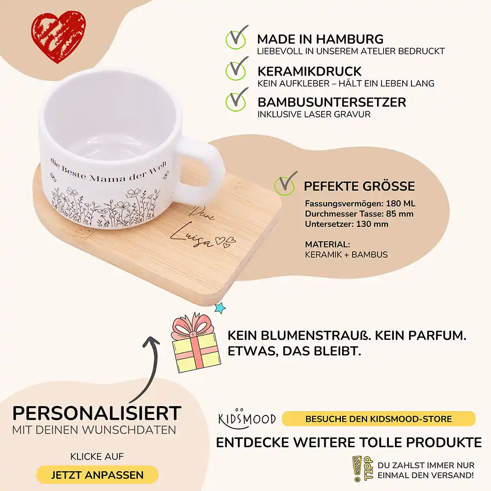 Tasse mit Name Muttertag Blumenwiese Beste Mama – Produktdetails Keramikbecher 180 ml