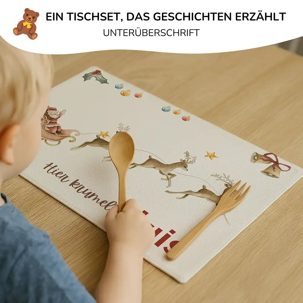 Tischset Kinder personalisiert Weihnachtsmotiv - Rentierschlitten