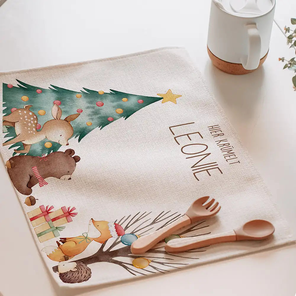 Tischset Kinder personalisiert Weihnachtsmotiv - Bär Weihnachtsbaum