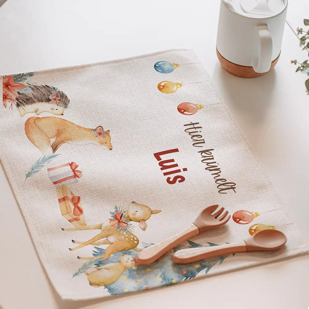 Tischset Kinder personalisiert Weihnachtsmotiv - Schneeflocken-Tierbande