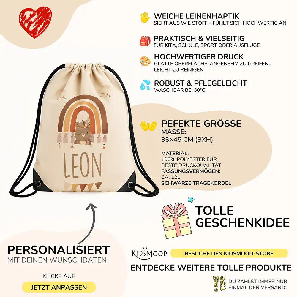 Personalisierter Turnbeutel mit Namen - Boho Bär Regenbogen
