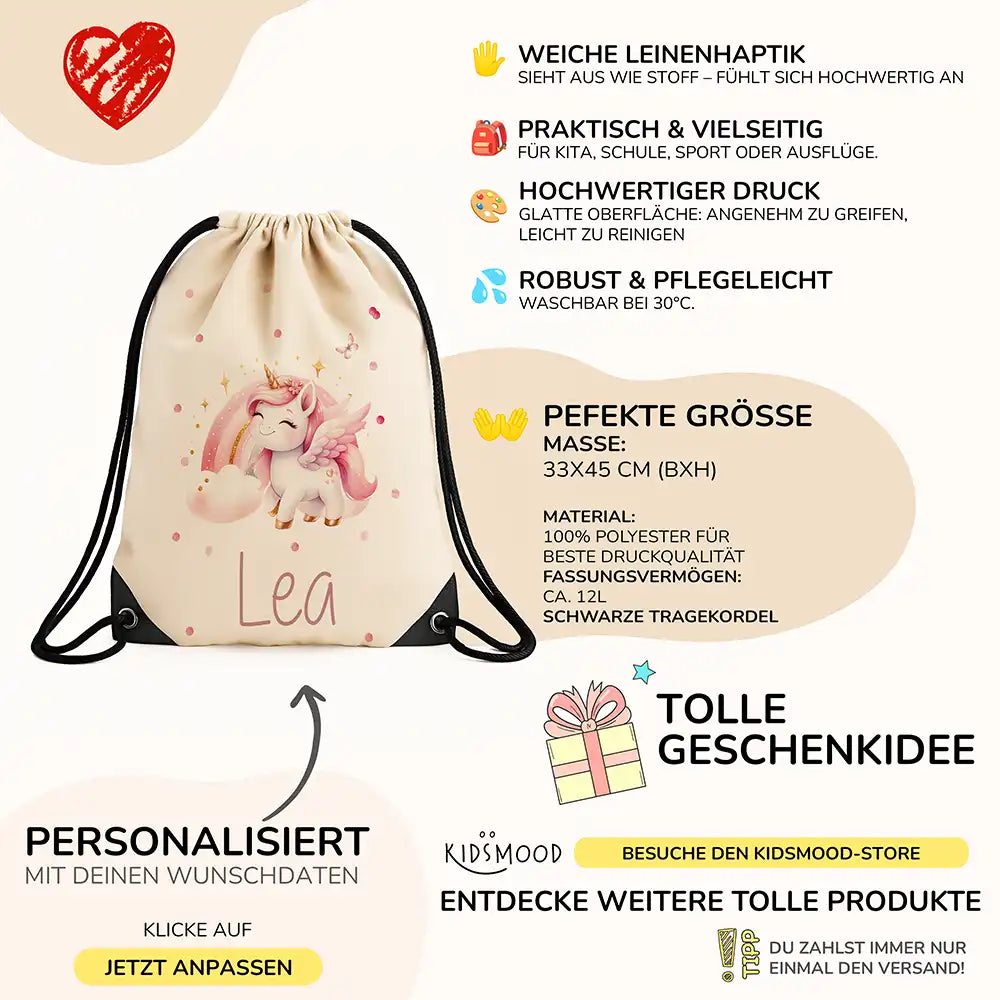 Personalisierter Turnbeutel mit Namen - Zauberhaftes Einhorn