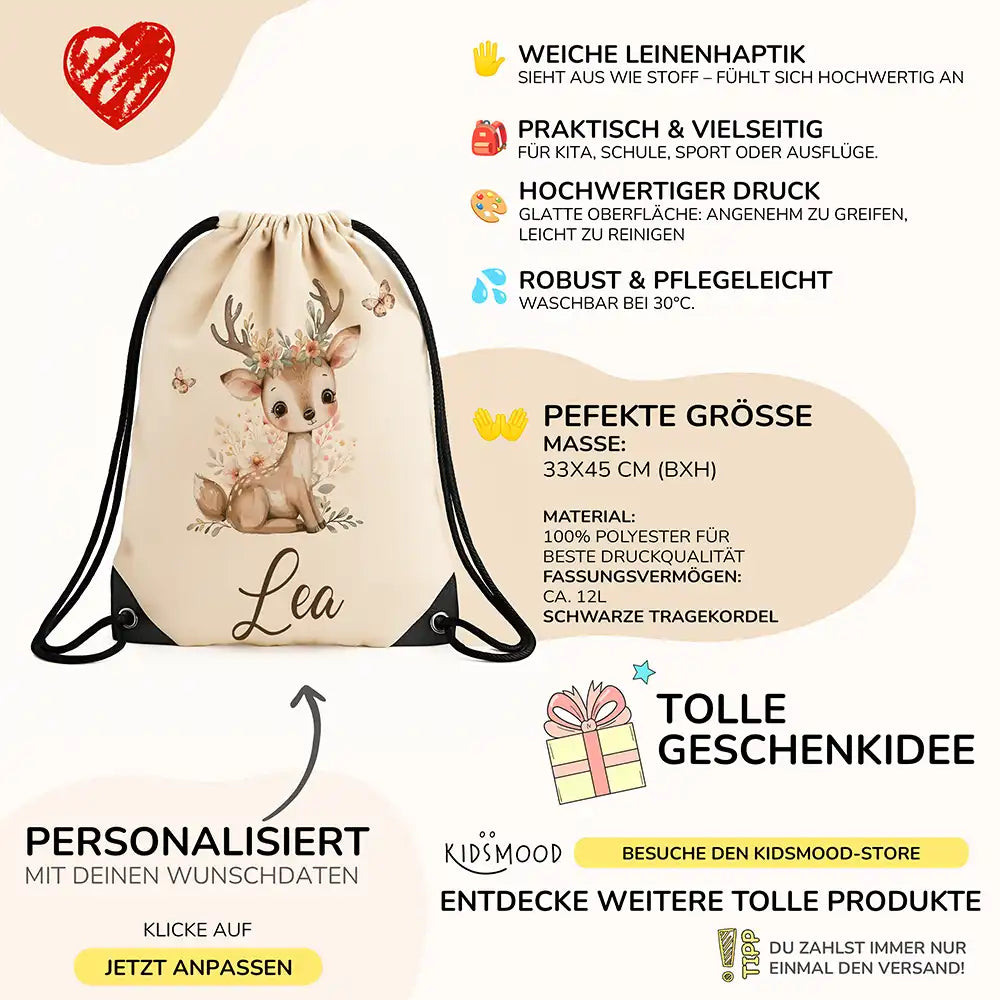 Personalisierter Turnbeutel mit Namen - Niedliches Reh