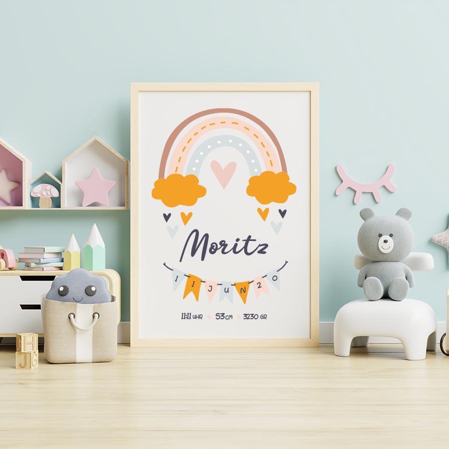 personalized birth poster with pastel rainbow and baby details