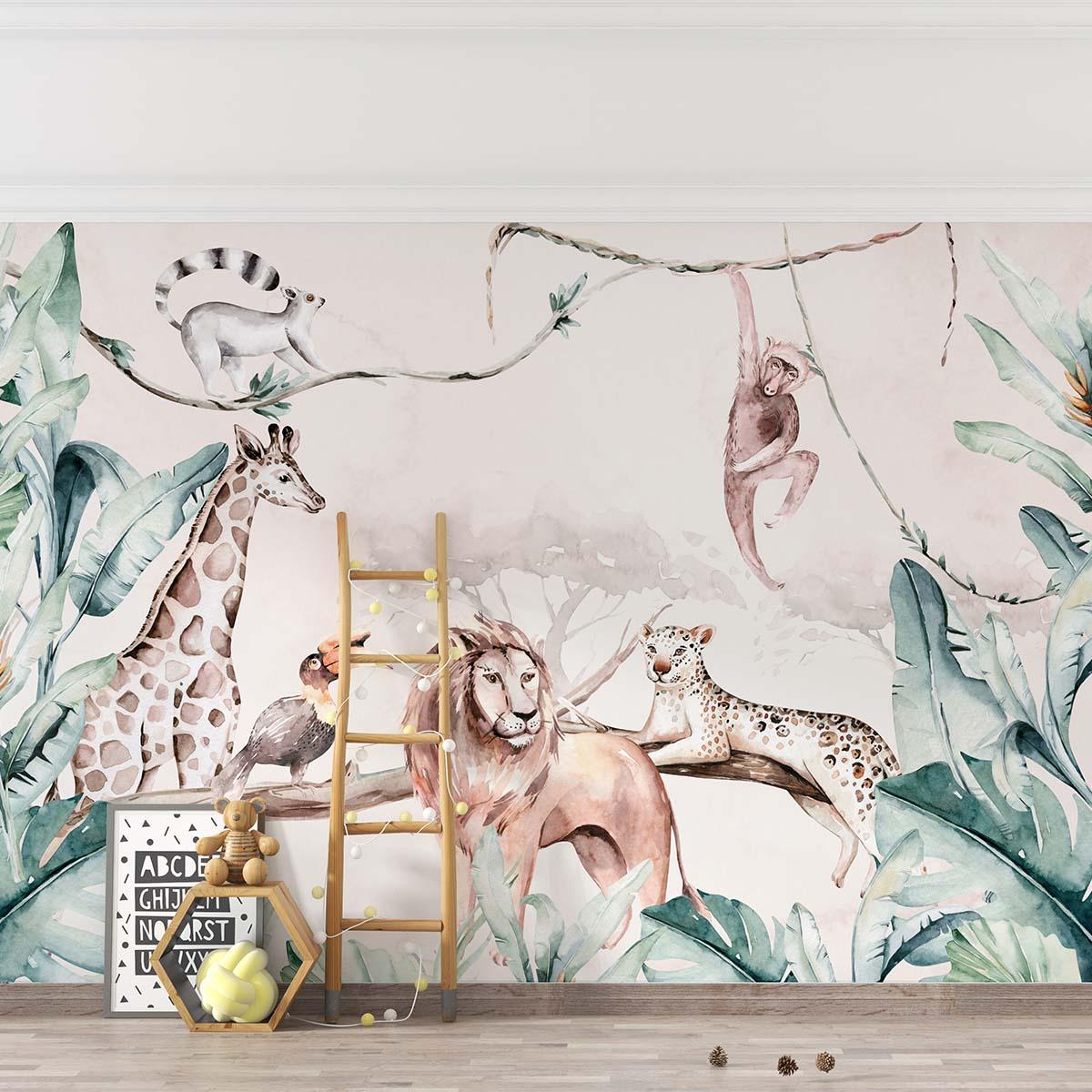 colorful tropical wall mural with various animals