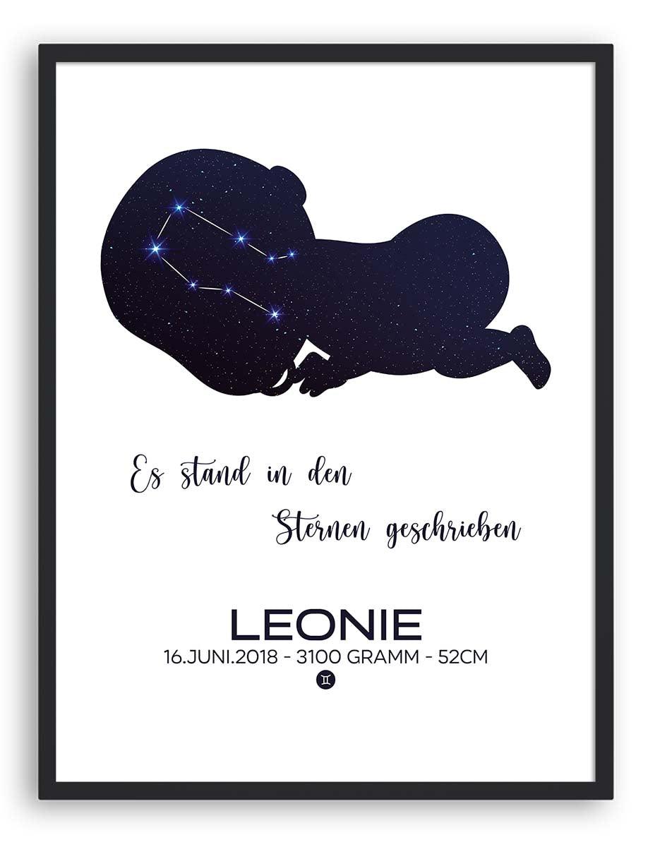 elegant zodiac print for baby with birth details and stars