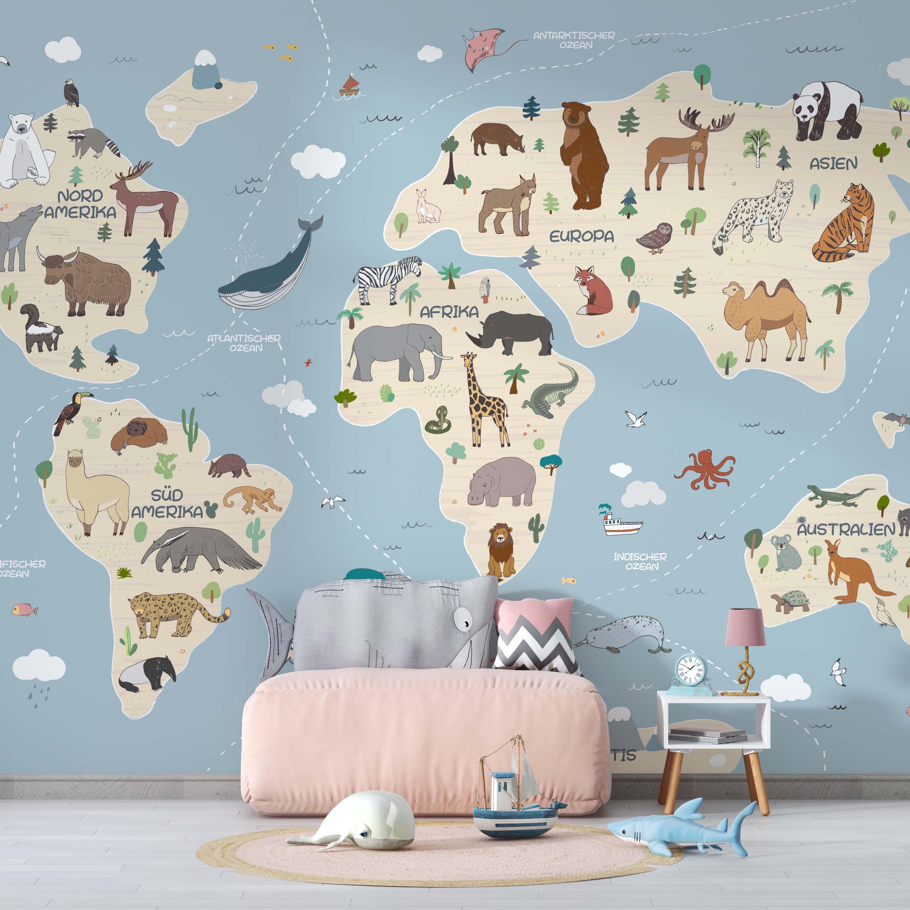 world map wall mural with animals from different continents